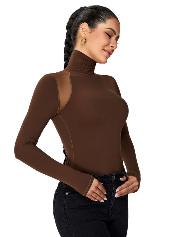 Freehut Women Long Sleeve Mesh Tank Tops Double Lined Mock Turtle Neck Softhug Collection