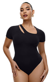 Freehut Short Sleeve Double Lined Asymmetrical Neck Bodysuits Softhug Collection