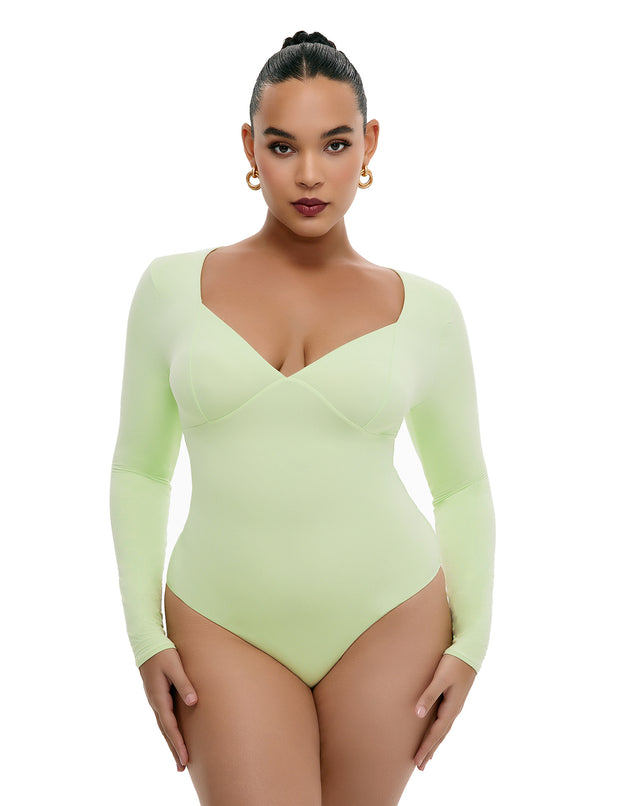 Freehut Long Sleeve Double Lined Square V Neck Thong Bodysuit Softhug Collection