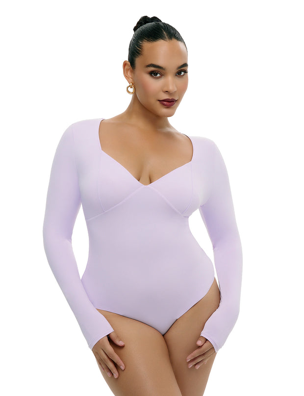 Freehut Long Sleeve Double Lined Square V Neck Thong Bodysuit Softhug Collection
